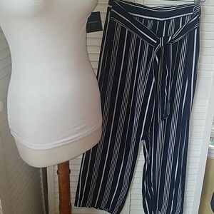 NWT CYNTHIA ROWLEY NAVY/WHITE STRIPED PIMA COTTON PANTS W/ELASTIC BANDIN…